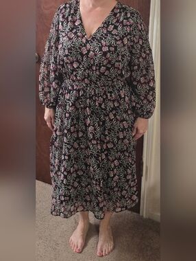 Lane Bryant Black Floral Midi Dress with Pink and Cream Print
